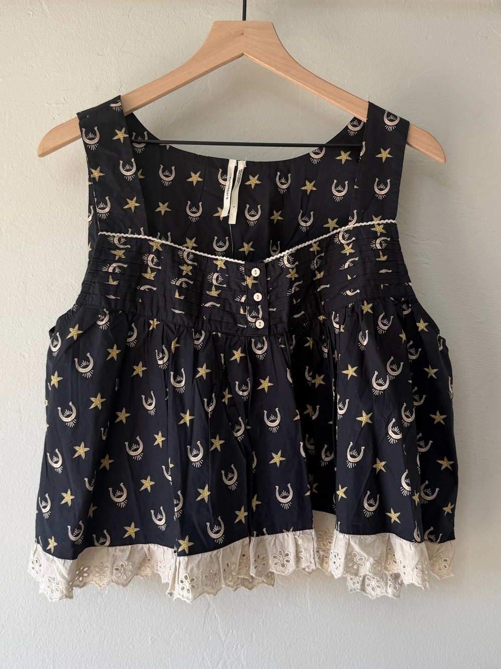 Anthropologie Black Western Star Button-Front Lace-Hem Camisole